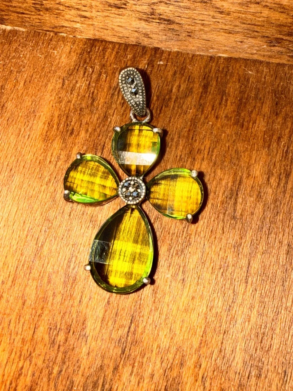 Vintage Sterling Silver Peridot & Marcasite Cross Pendant - 1.67 inch